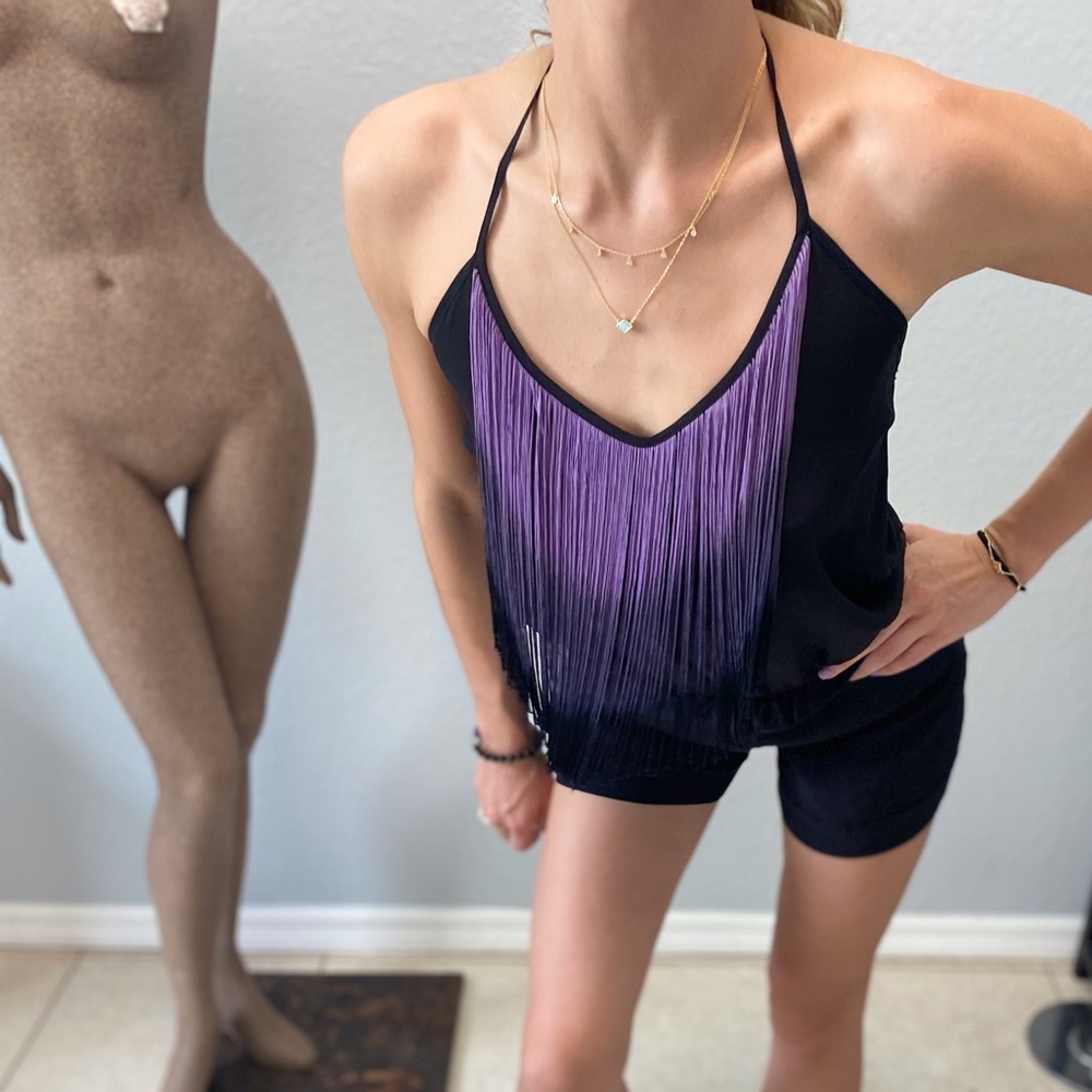 SOLD! Karina Grimaldi 💜 NWT black silk romper purple ombre to Black Fringe